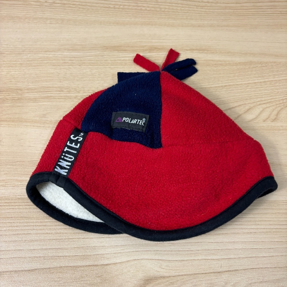 Vintage Knutes Hat Beanie Womens Small Fleece Red‎ Blue Tassel Run Running